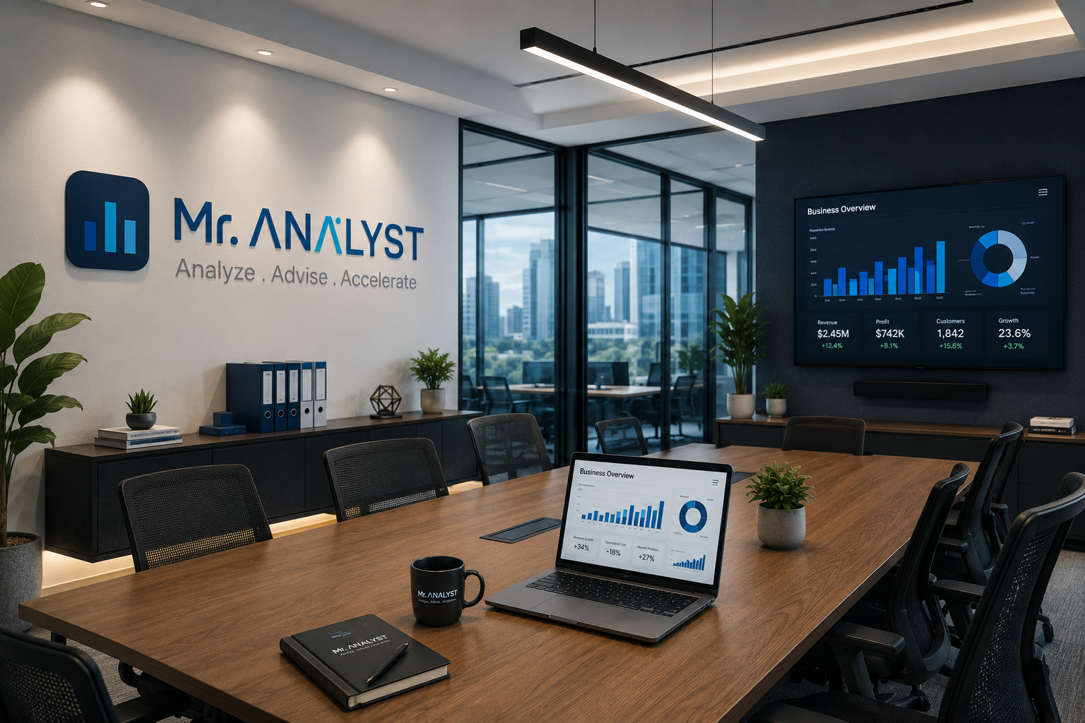 Illustration of the Mr. Analyst glass-walled meeting room in Stockport